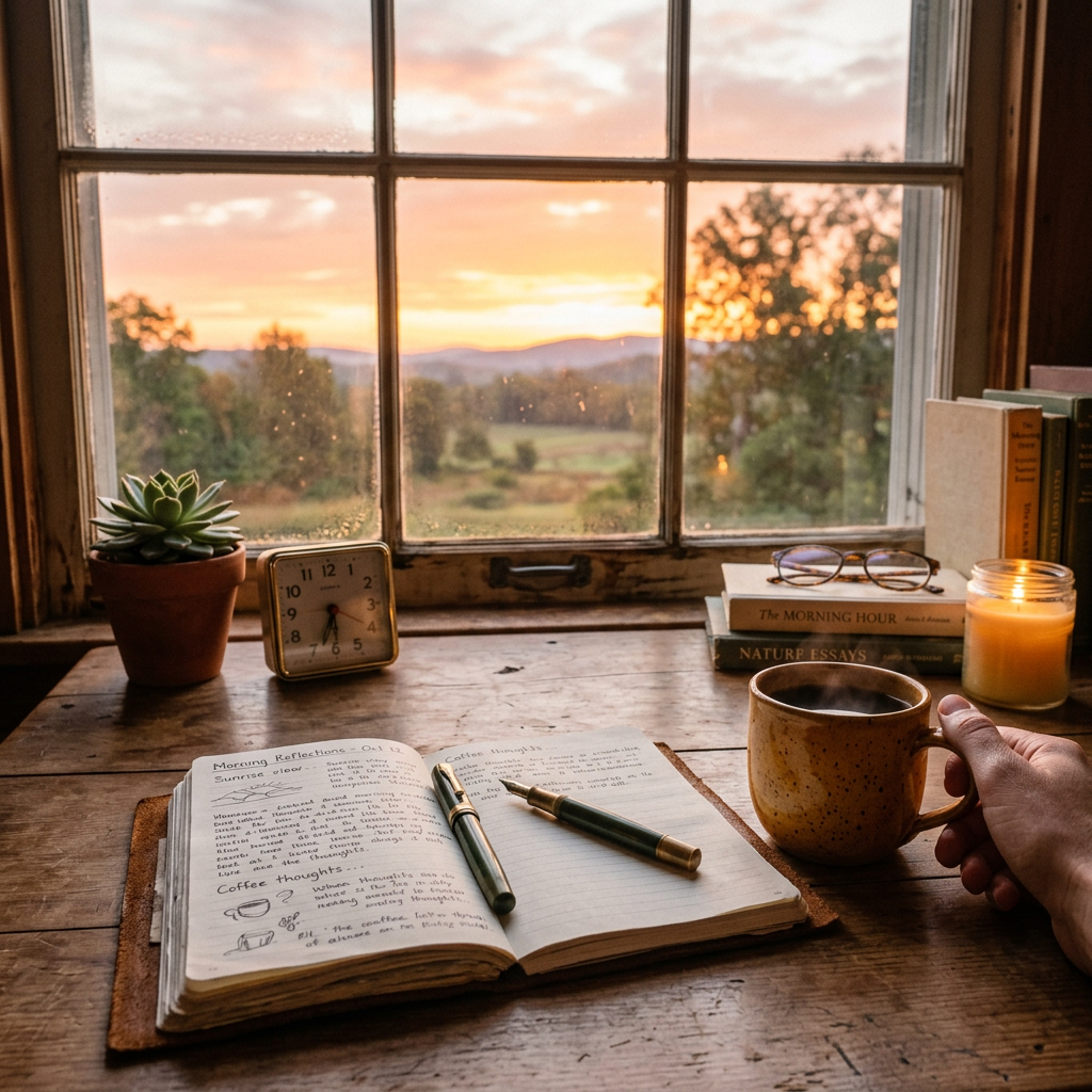 Open journal with handwritten notes on a wooden desk near window showing sunrise and a hand holding a coffee mug